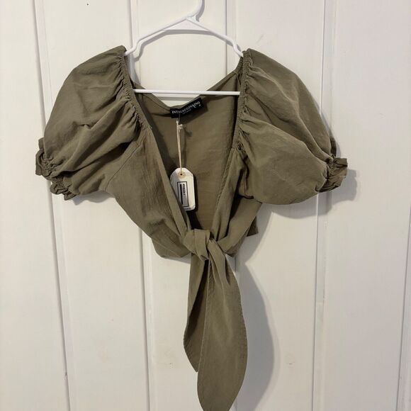 NWT Women's Green Tie Front Crop Top Short Sleeve INTHEBEGINNING Medium Puff Sl - Picture 1 of 6